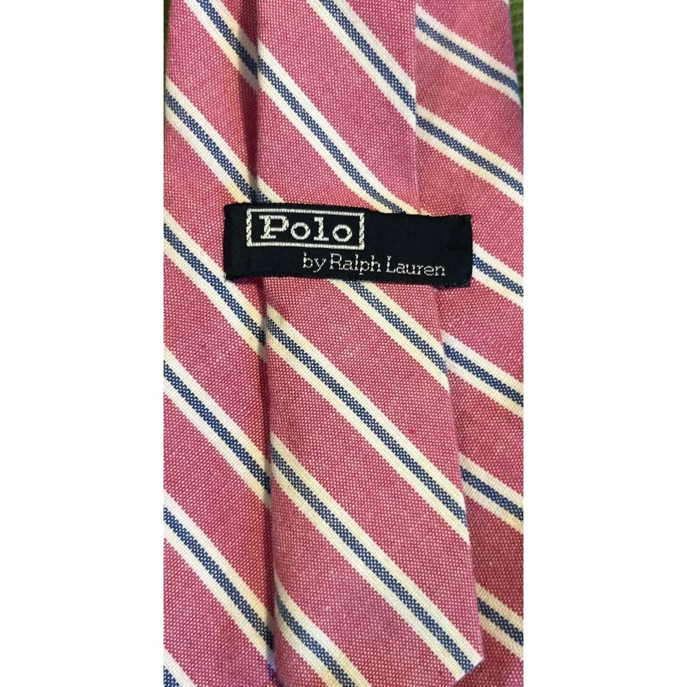 Polo Ralph Lauren Pink & Blue Striped Imported Cotton Tie Vintage 80's Pony Logo - Picture 2 of 4